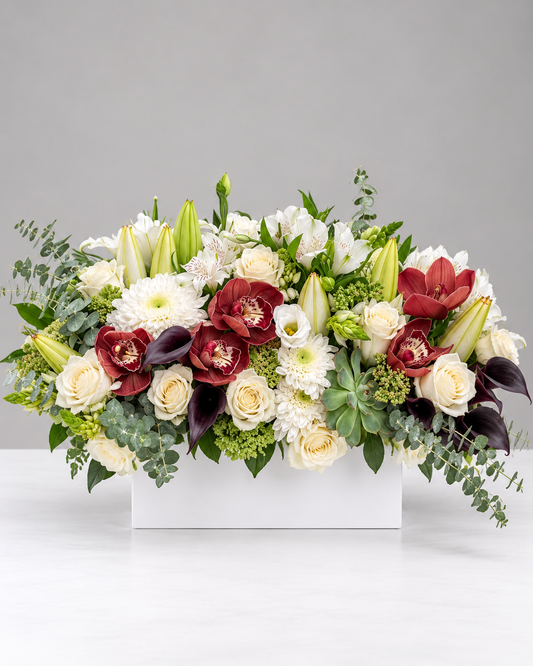 Burgundy Ivory Box Arrangements